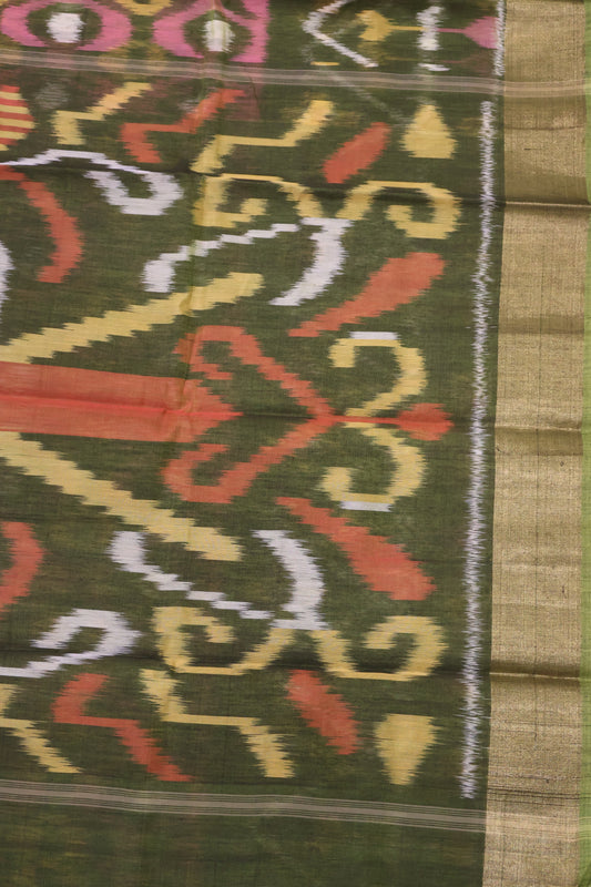 Pochampally Silk Cotton- Green ikkat Pattern