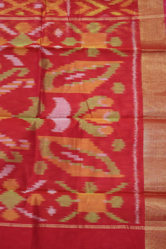 Pochampally Silk Cotton-Peachich Pink ikkat Pattern
