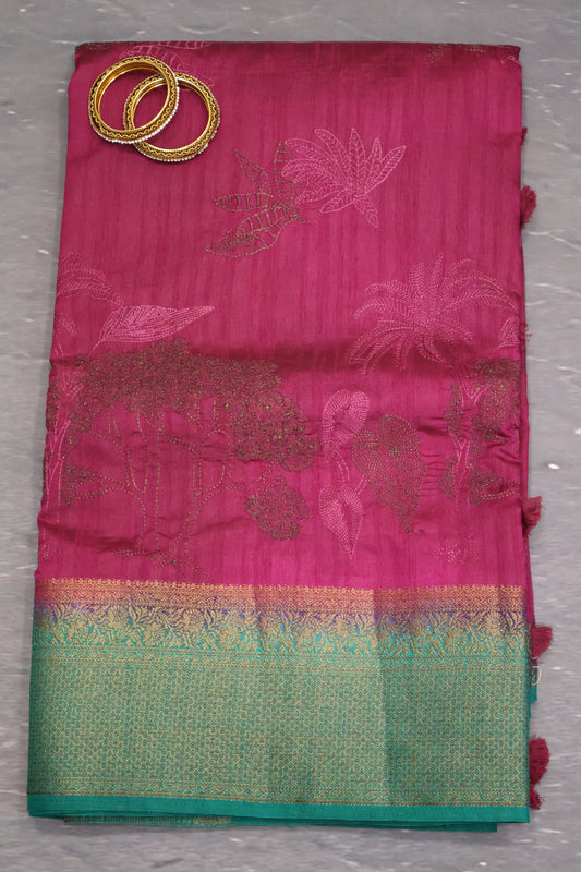 Bamboo Silk Saree-Zari Embroidery-Wine
