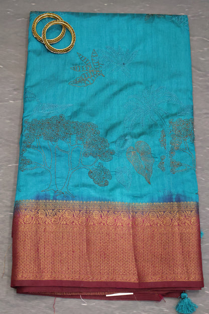 Bamboo Silk Saree-Zari Embroidery-Peacock Blue