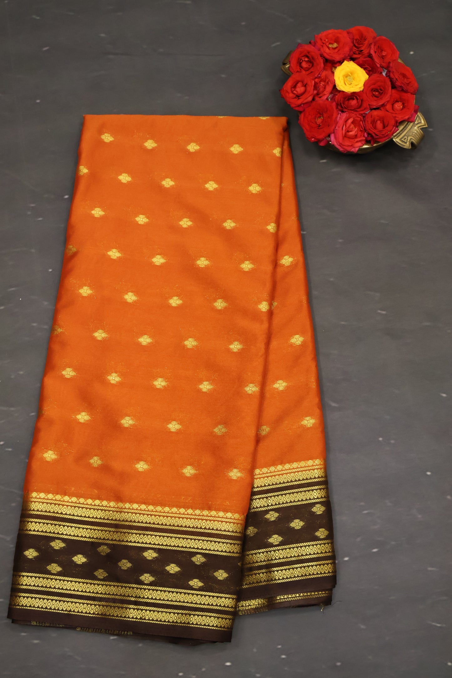 Semi Mysore Silk Saree- Honey-Brown Floral Buta