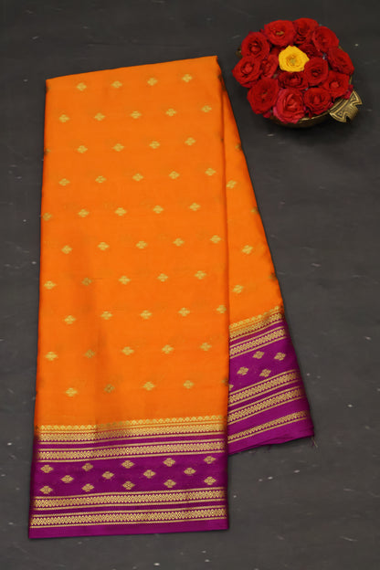Semi Mysore Silk Saree-Orange-Purple Floral Buta