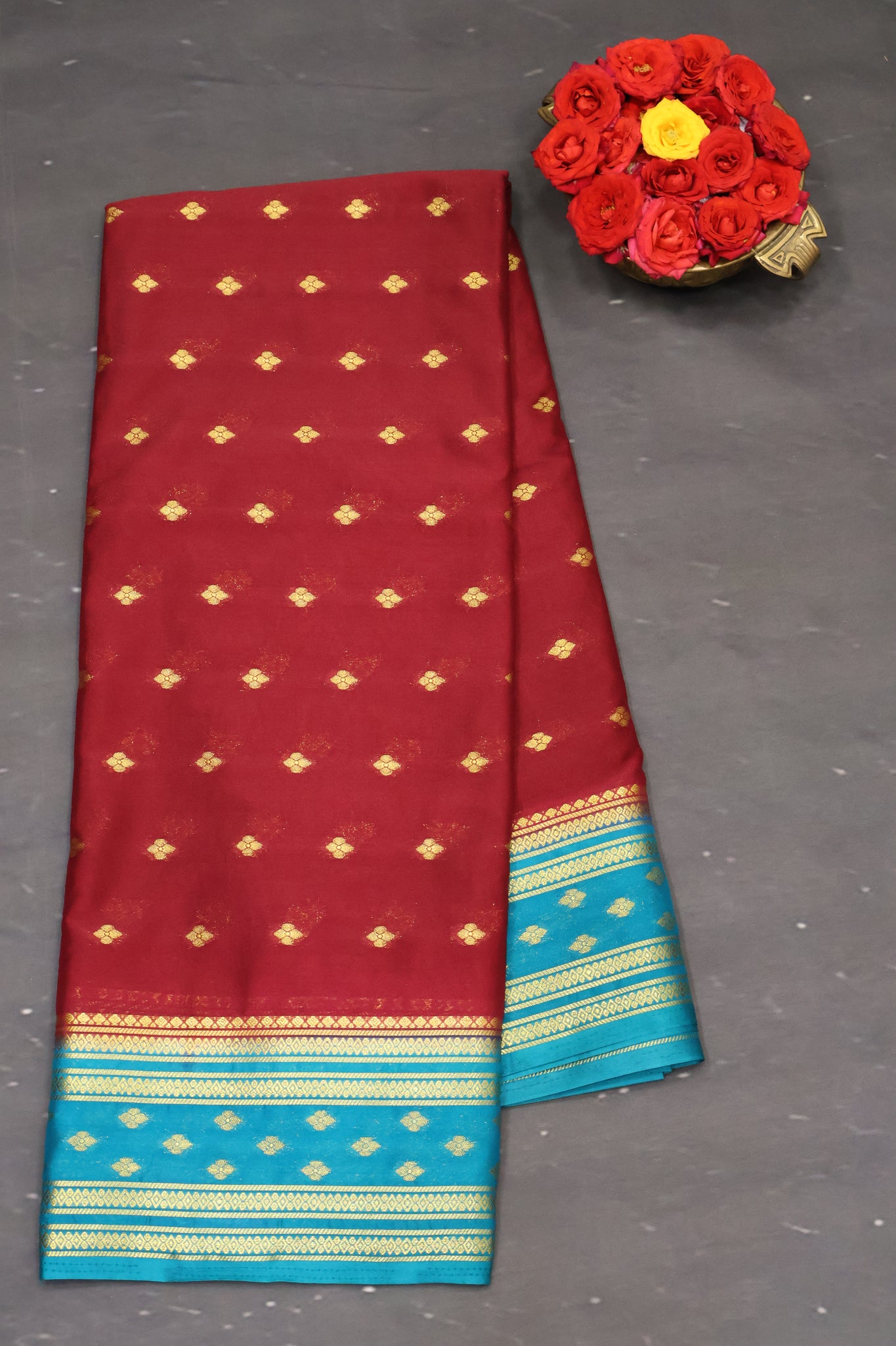 Semi Mysore Silk Saree-Maroon-Peacock Floral Buta