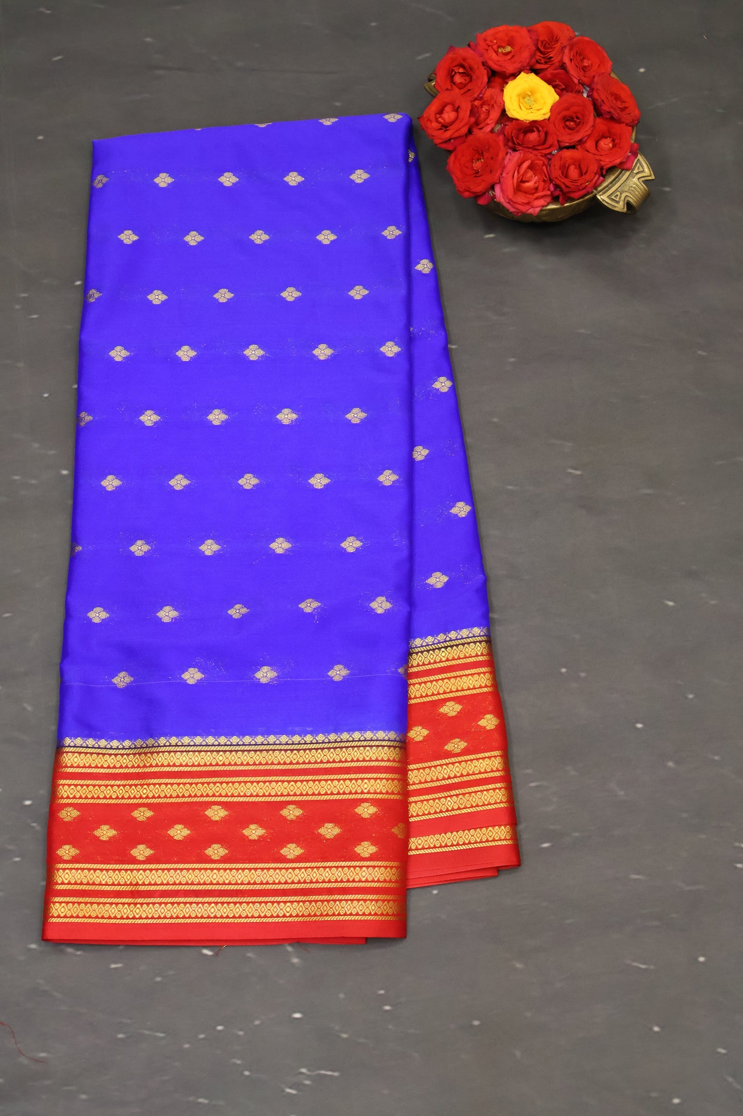 Semi Mysore Silk Saree-Ink Blue-Red Floral Buta