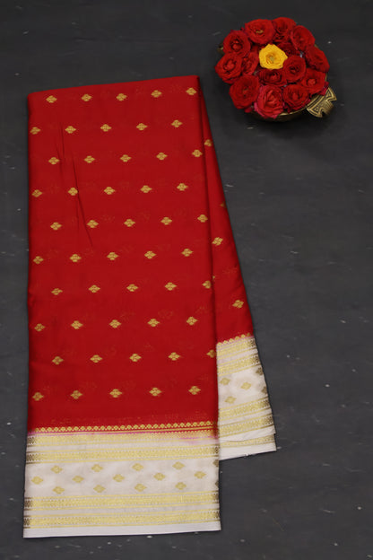 Semi Mysore Silk Saree-Red-White Floral Buta
