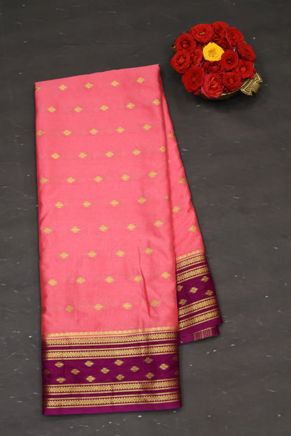 Semi Mysore Silk Saree-Pink-Wine Floral Buta
