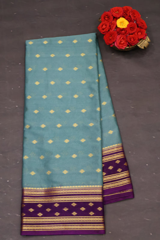 Semi Mysore Silk Saree-Metalic-Blue Floral Buta