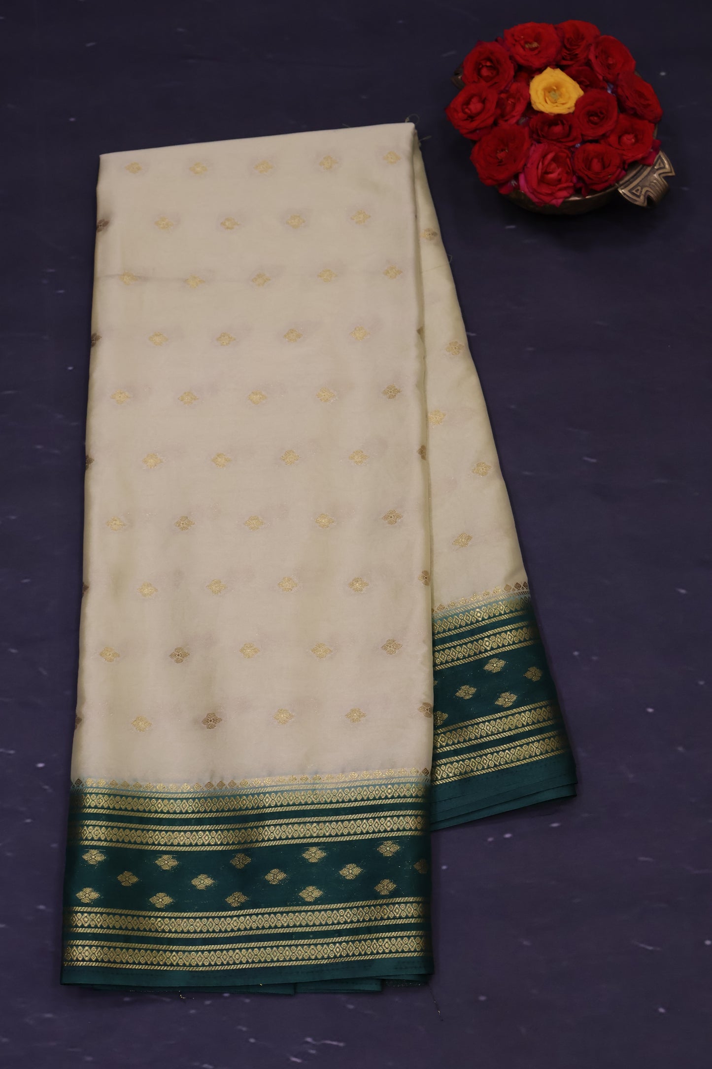 Semi Mysore Silk Saree-Off-White Floral Buta