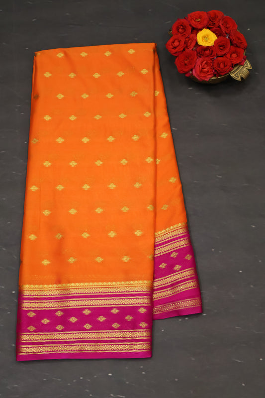 Semi Mysore Silk Saree-Orange-Pink Floral Buta