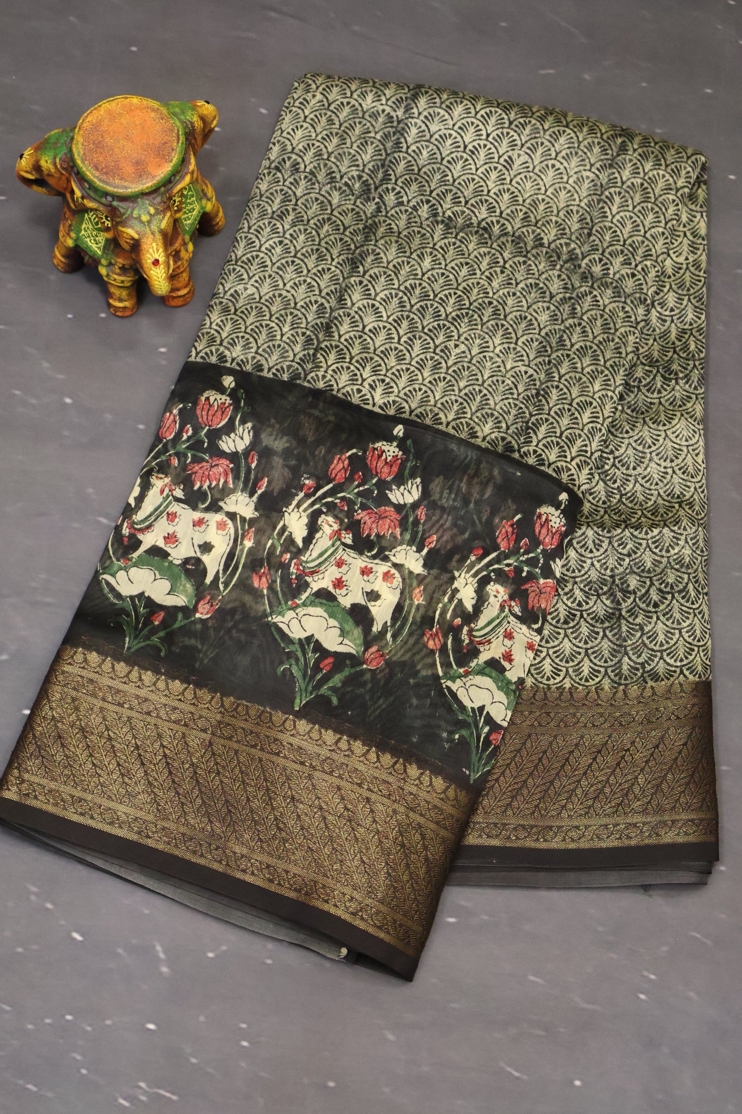 Pure Chanderi Saree-Black Pichwai Print