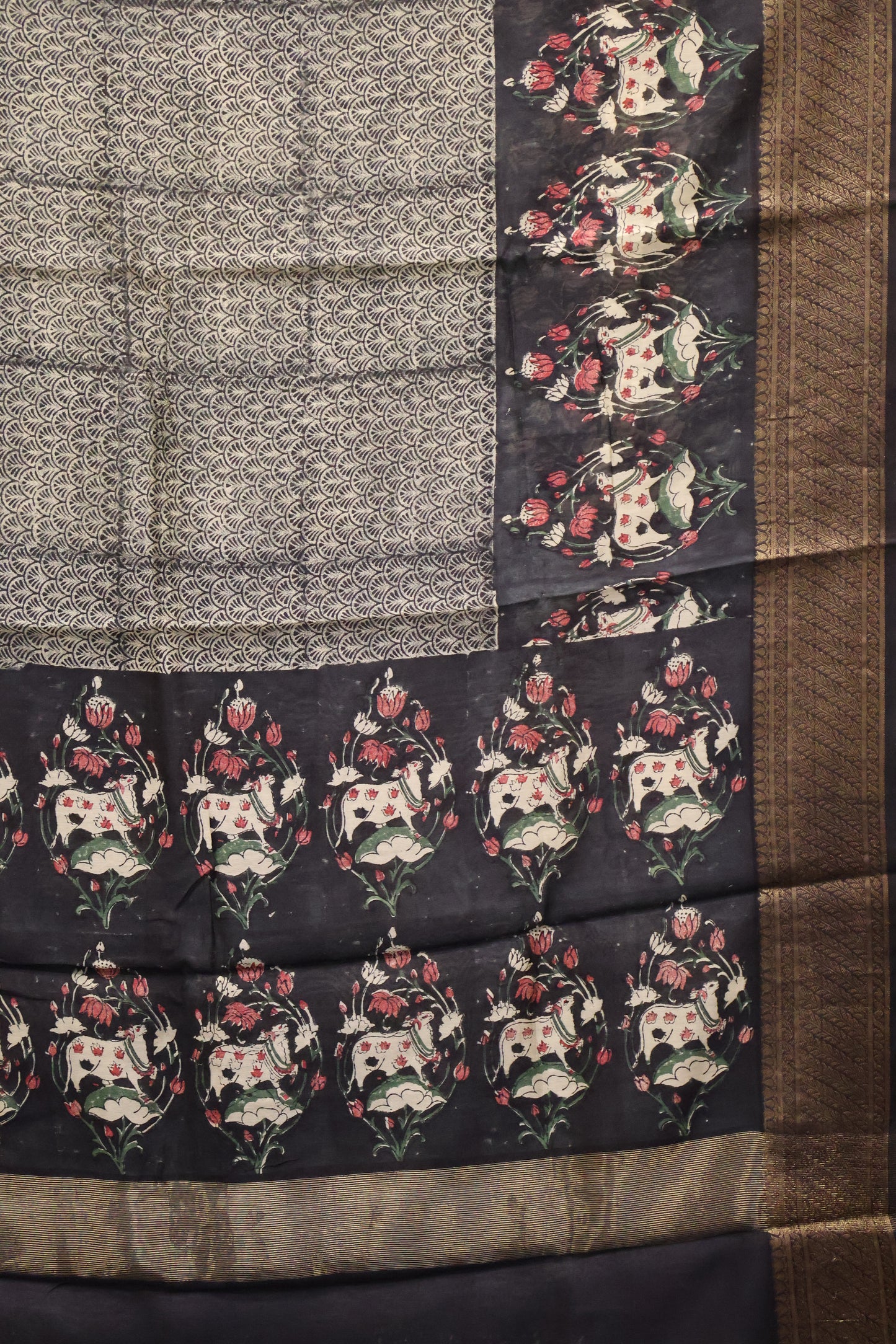 Pure Chanderi Saree-Black Pichwai Print