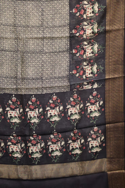 Pure Chanderi Saree-Black Pichwai Print