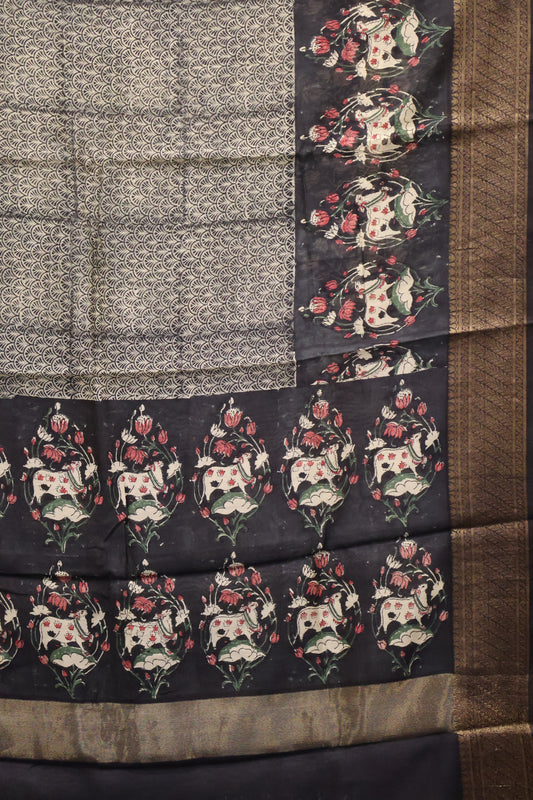 Pure Chanderi Saree-Black Pichwai Print