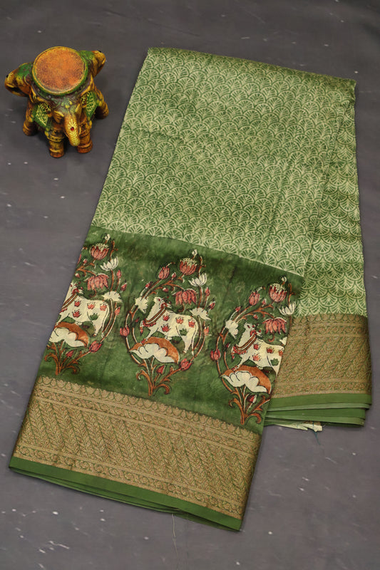 Pure Chanderi Saree-Green Pichwai Print