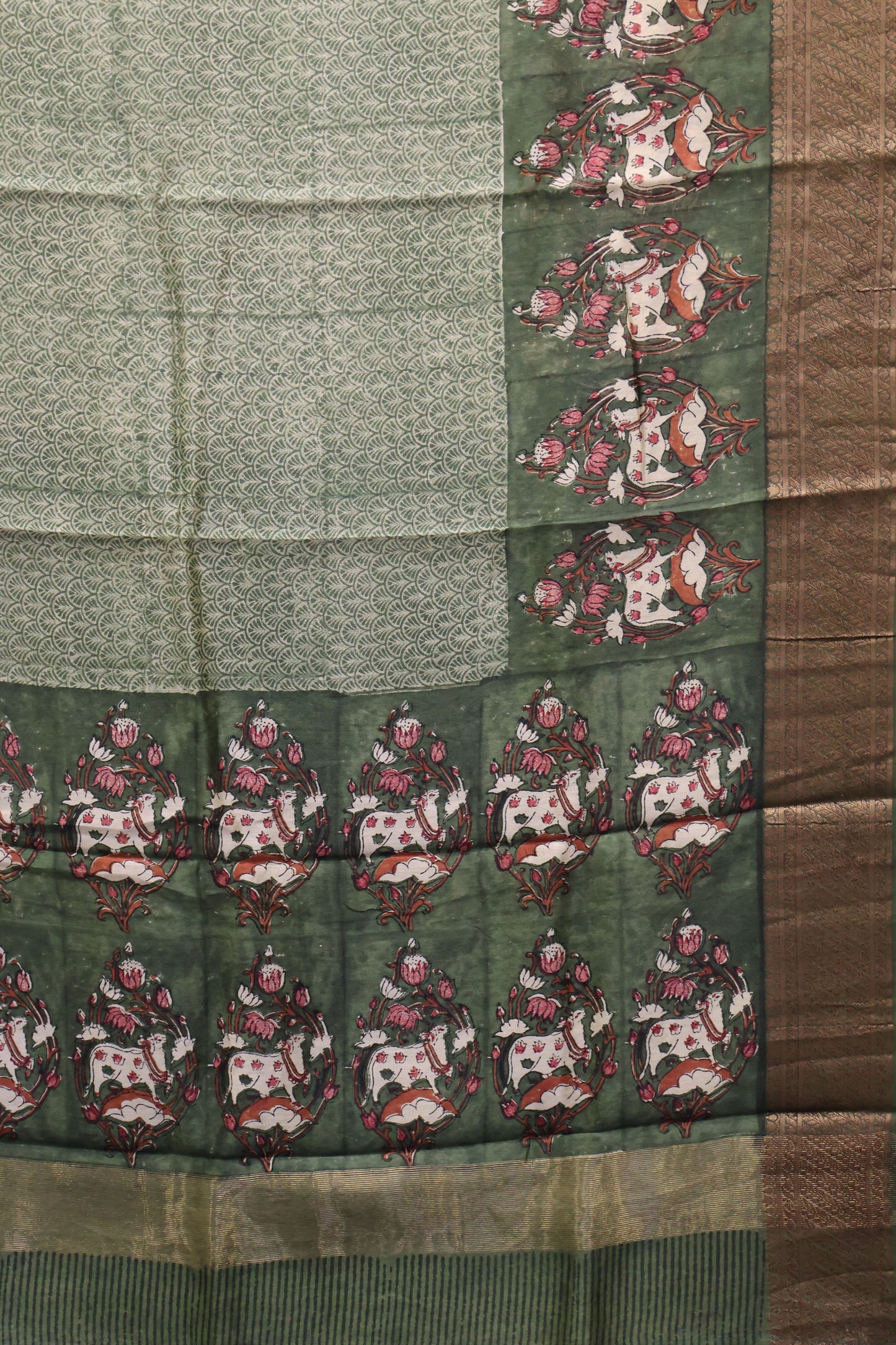 Pure Chanderi Saree-Green Pichwai Print