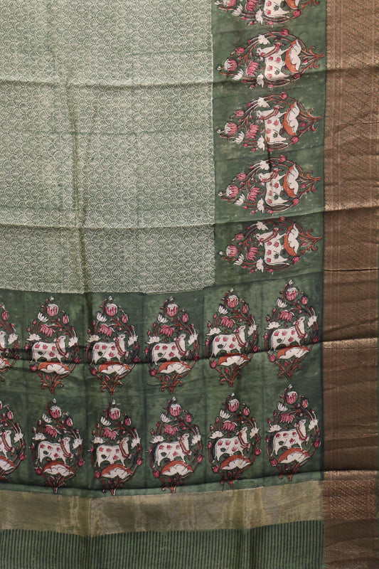 Pure Chanderi Saree-Green Pichwai Print