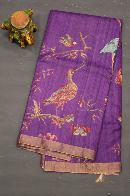 Pure Matka Tussar Saree-purple Colorful Theme Print