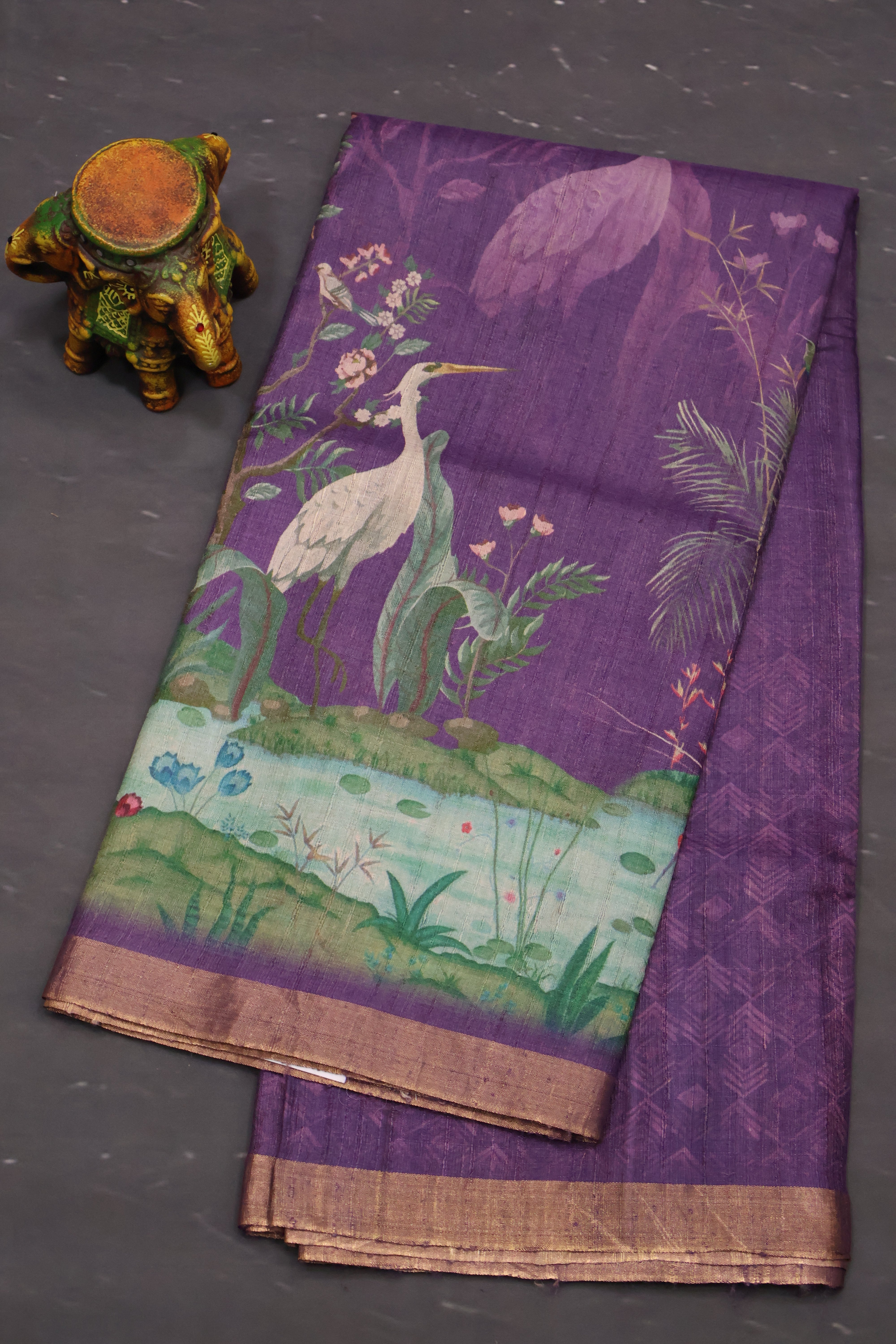 Pure Matka Tussar Saree-purple Crane Colorful Theme Print – Charvi Boutique