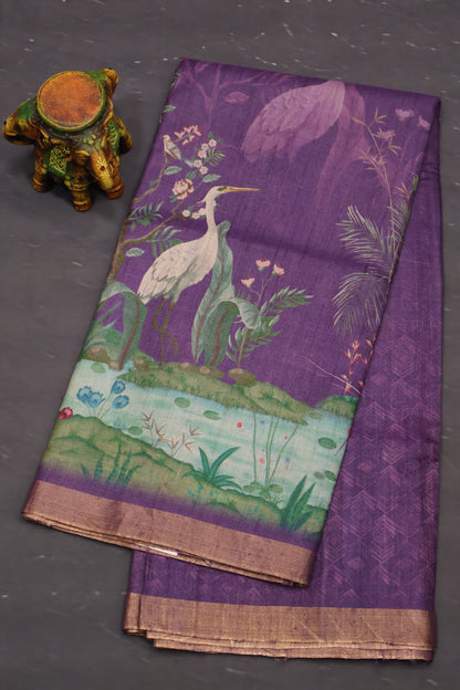 Pure Matka Tussar Saree-purple Crane Colorful Theme Print