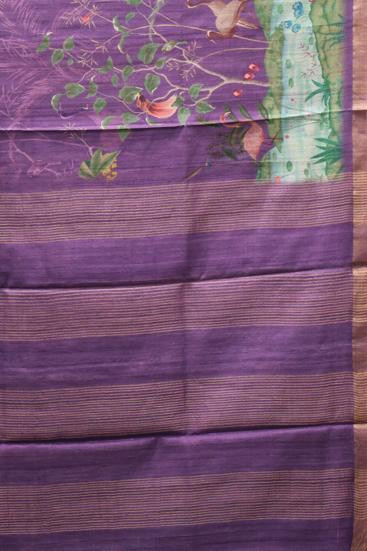 Pure Matka Tussar Saree-purple Crane Colorful Theme Print
