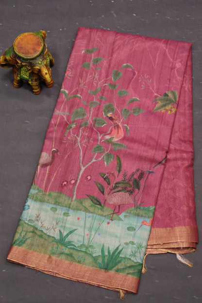 Pure Matka Tussar Saree-Dark Pink Crane Colorful Theme Print