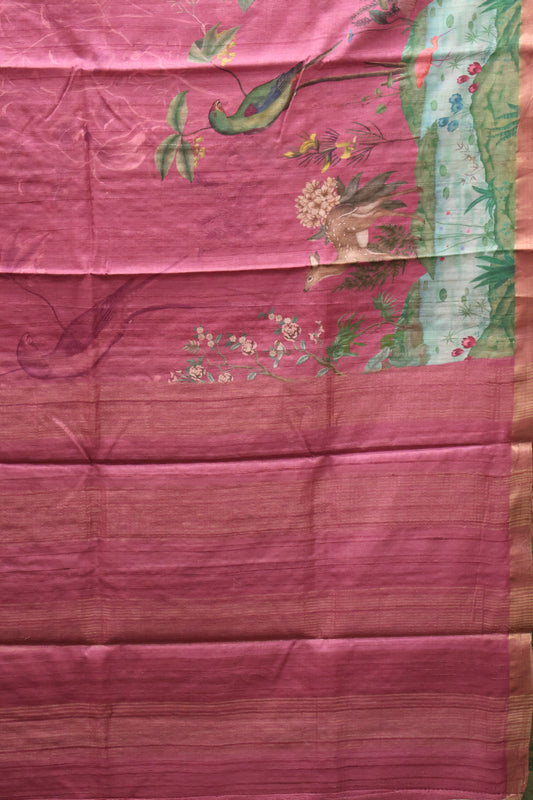 Pure Matka Tussar Saree-Dark Pink Crane Colorful Theme Print