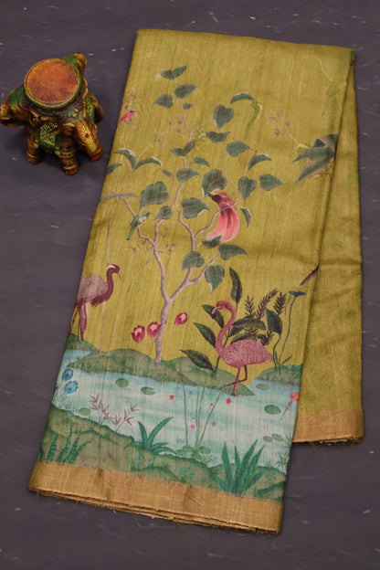 Pure Matka Tussar Saree-Mehandhi Green Crane Colorful Theme Print