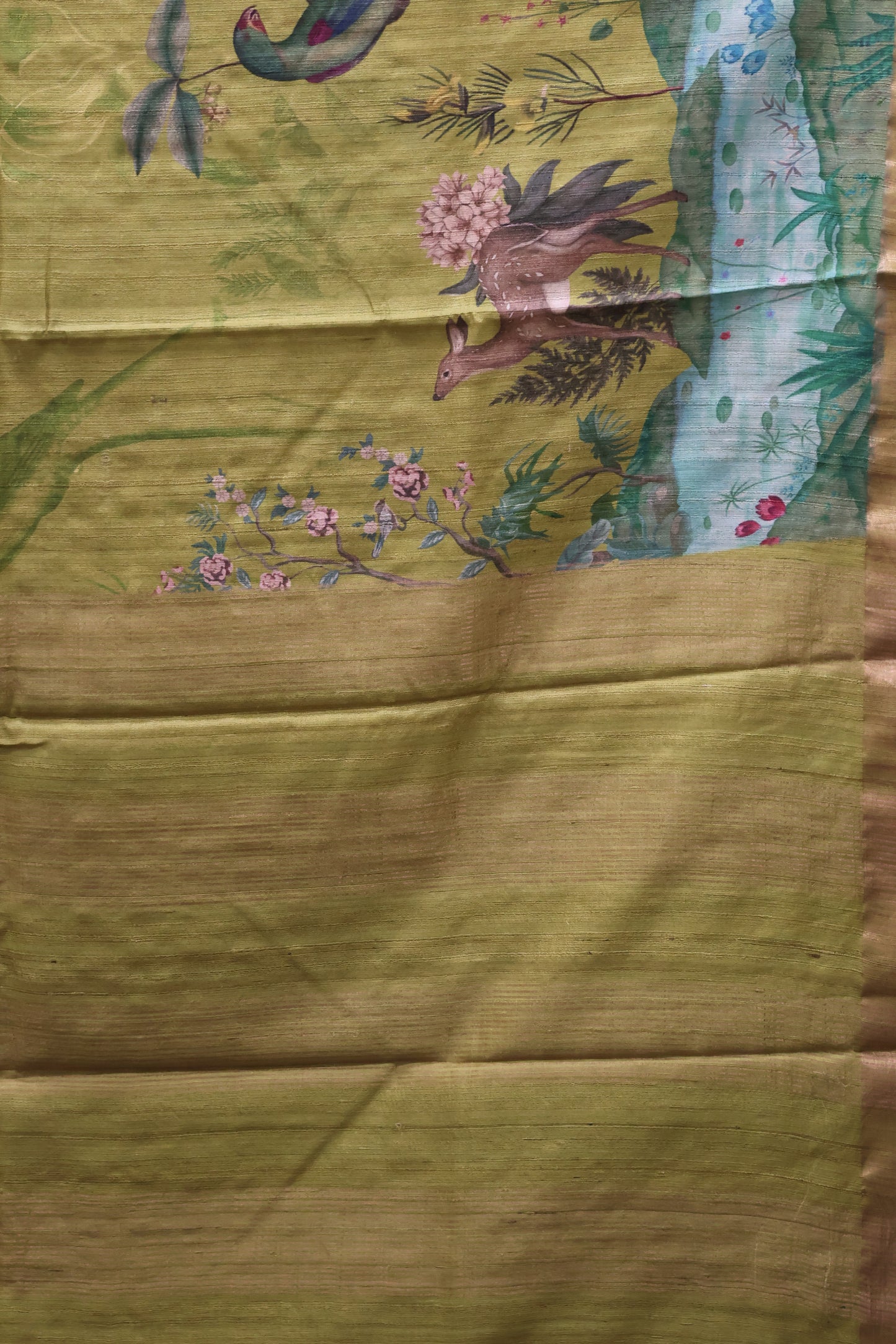 Pure Matka Tussar Saree-Mehandhi Green Crane Colorful Theme Print