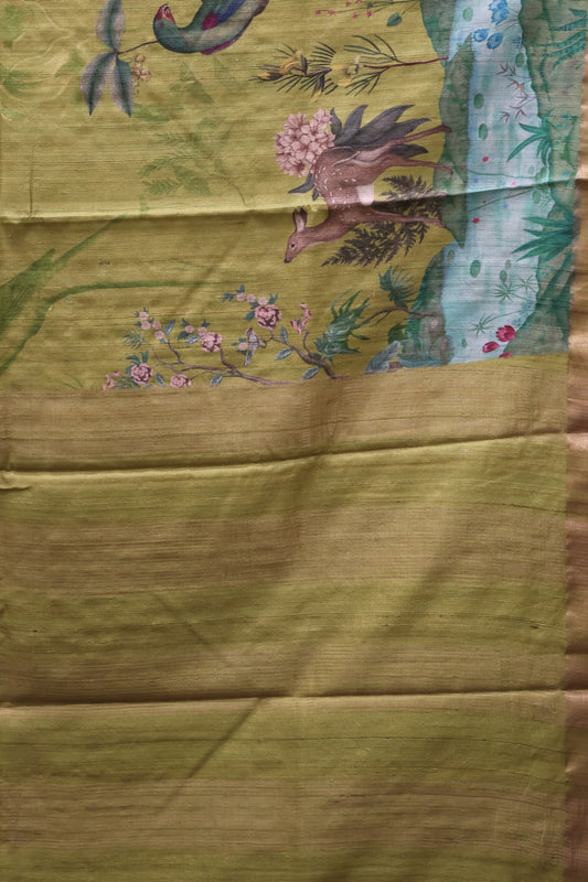 Pure Matka Tussar Saree-Mehandhi Green Crane Colorful Theme Print