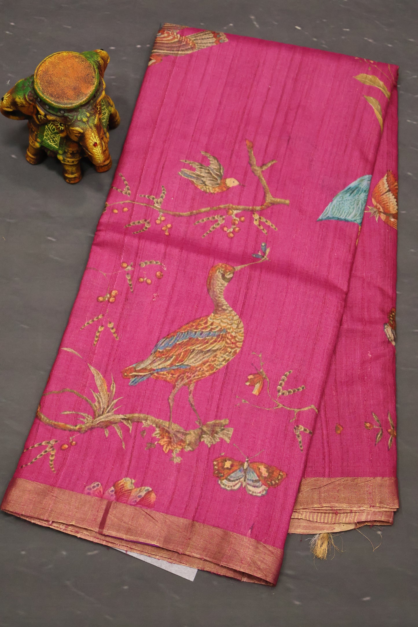 Pure Matka Tussar Saree-Magenta Crane Colorful Theme Print
