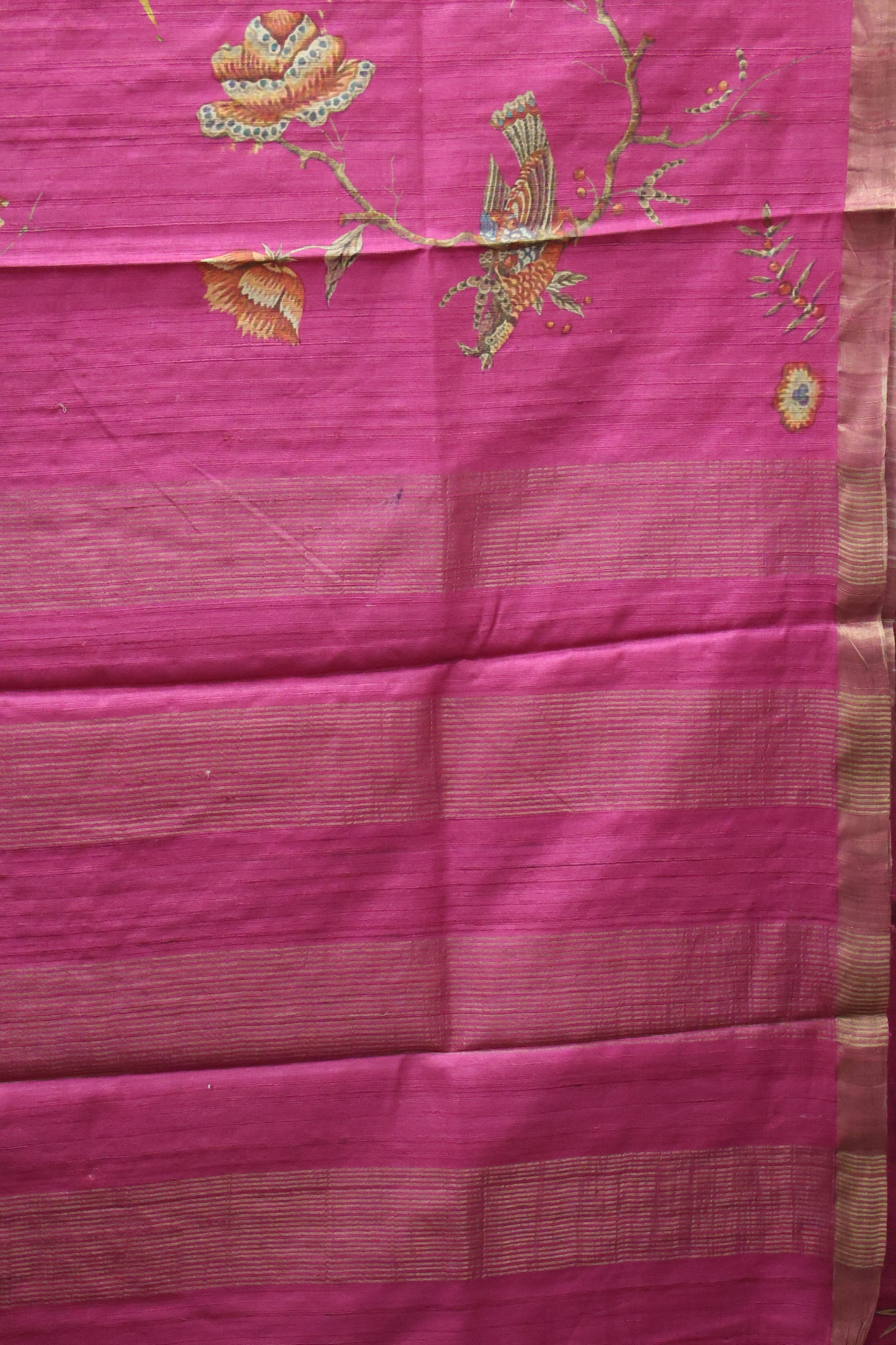 Pure Matka Tussar Saree-Magenta Crane Colorful Theme Print