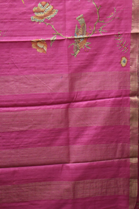 Pure Matka Tussar Saree-Magenta Crane Colorful Theme Print