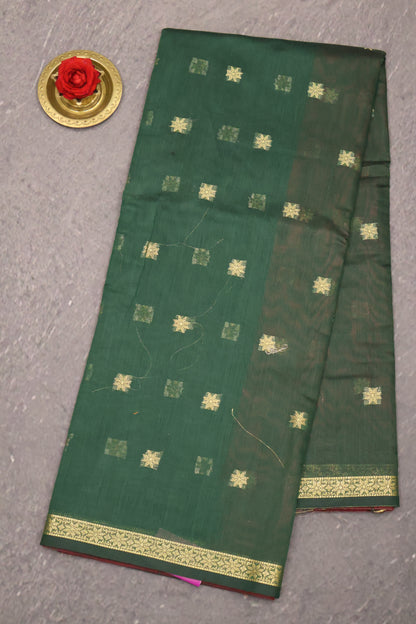 Maheswari Cotton Saree - Bottle Green Star Zari Buta