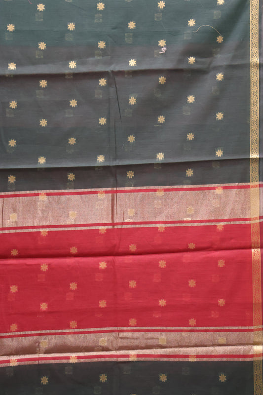 Maheswari Cotton Saree - Bottle Green Star Zari Buta