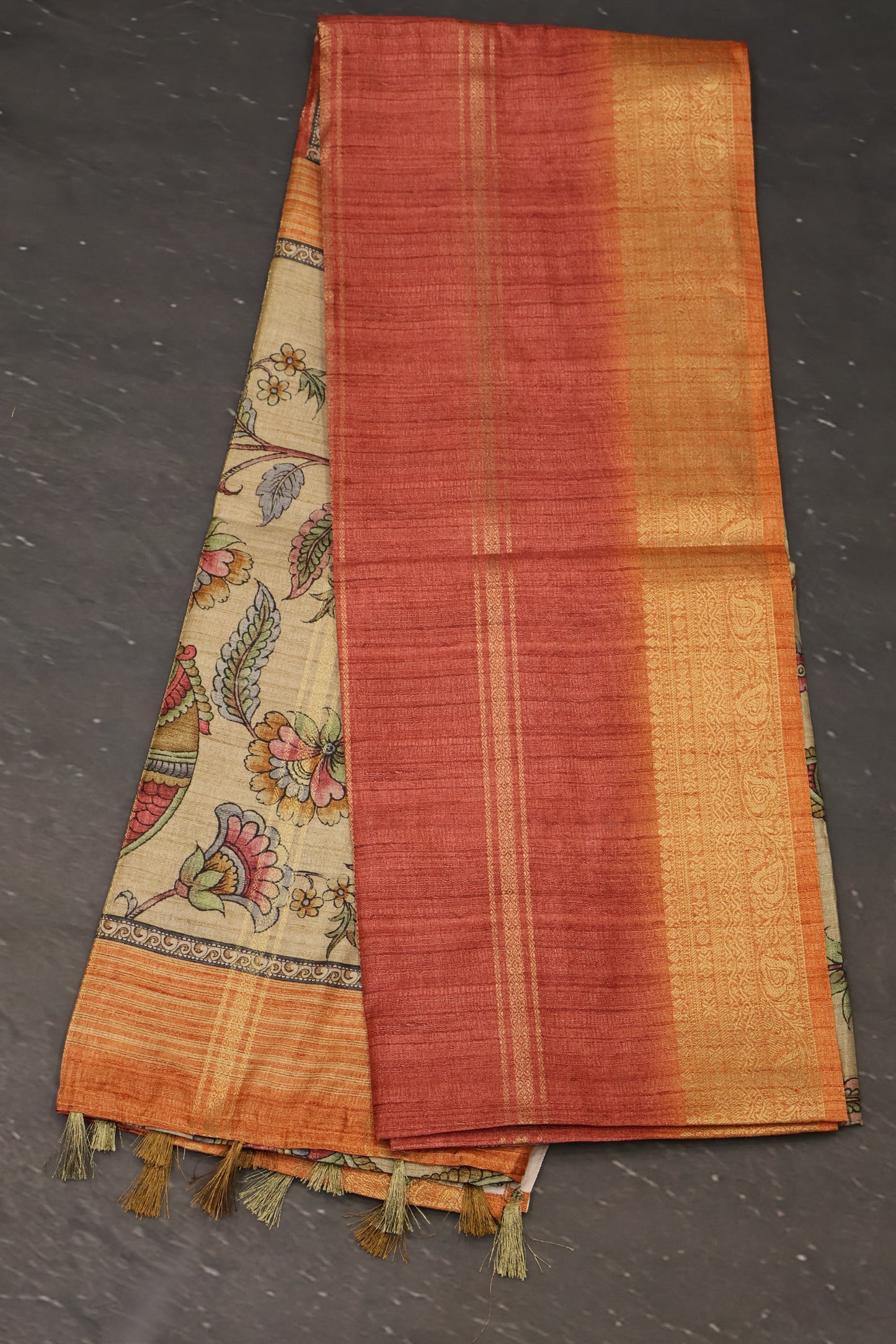 Semi Tussar Saree Kalamkari Print-Brick Red