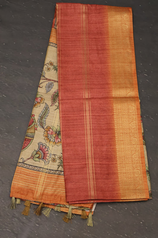 Semi Tussar Saree Kalamkari Print-Brick Red