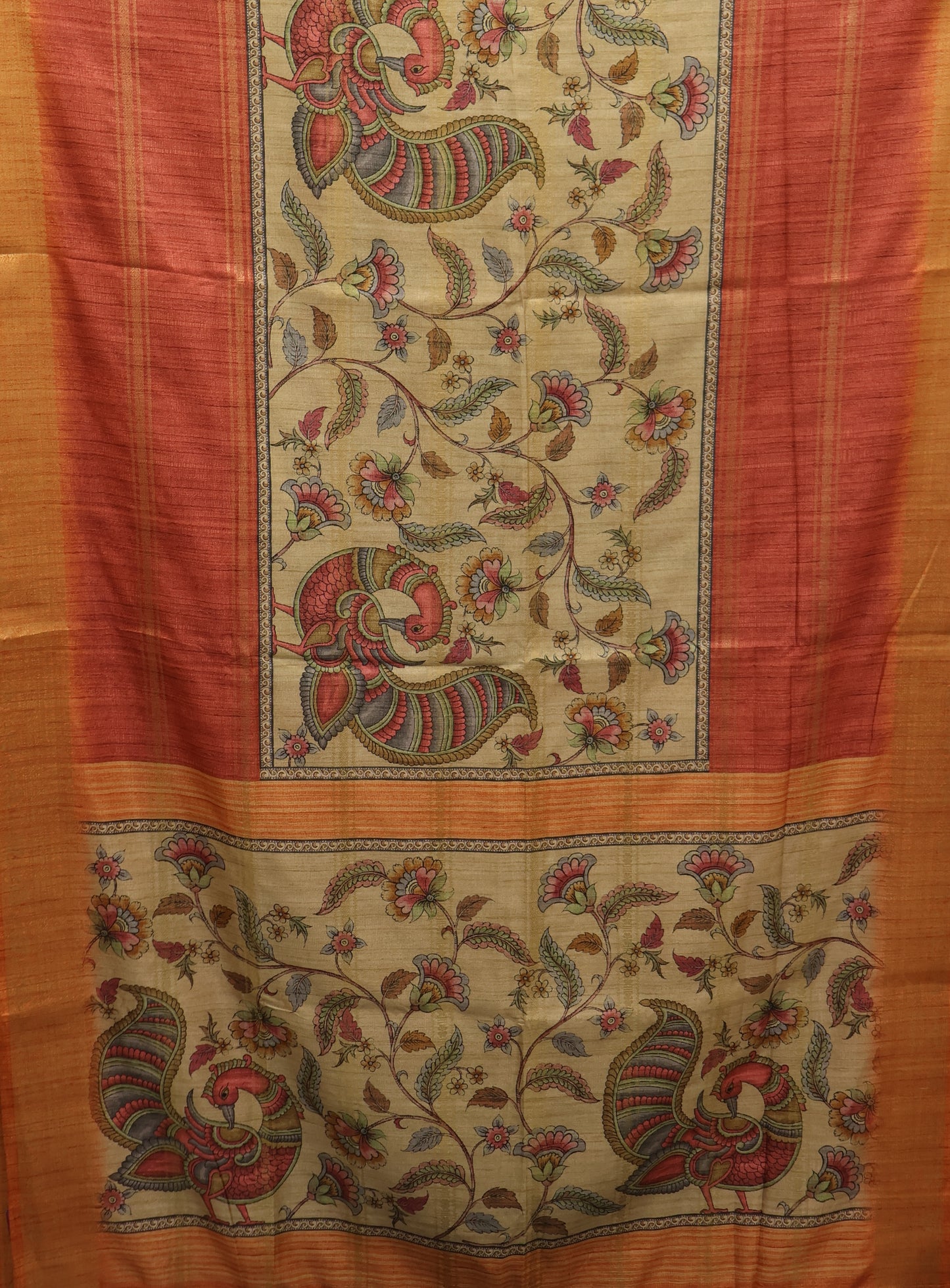 Semi Tussar Saree Kalamkari Print-Brick Red