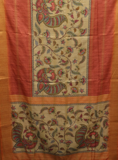 Semi Tussar Saree Kalamkari Print-Brick Red