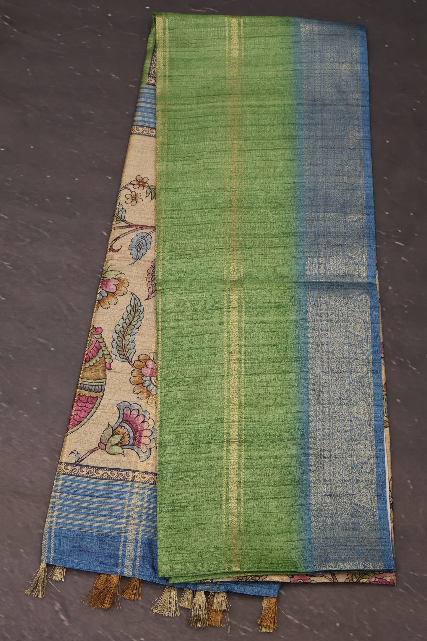 Semi Tussar Saree Kalamkari Print-Green