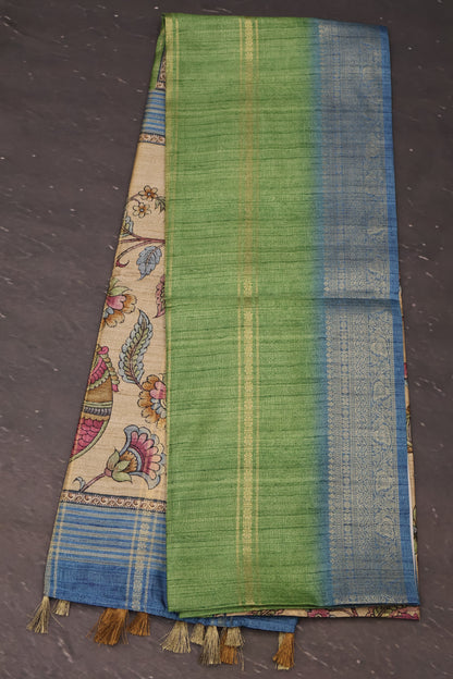 Semi Tussar Saree Kalamkari Print-Green
