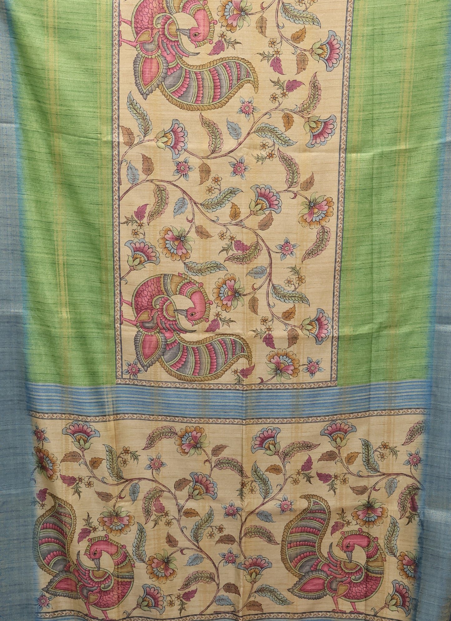Semi Tussar Saree Kalamkari Print-Green