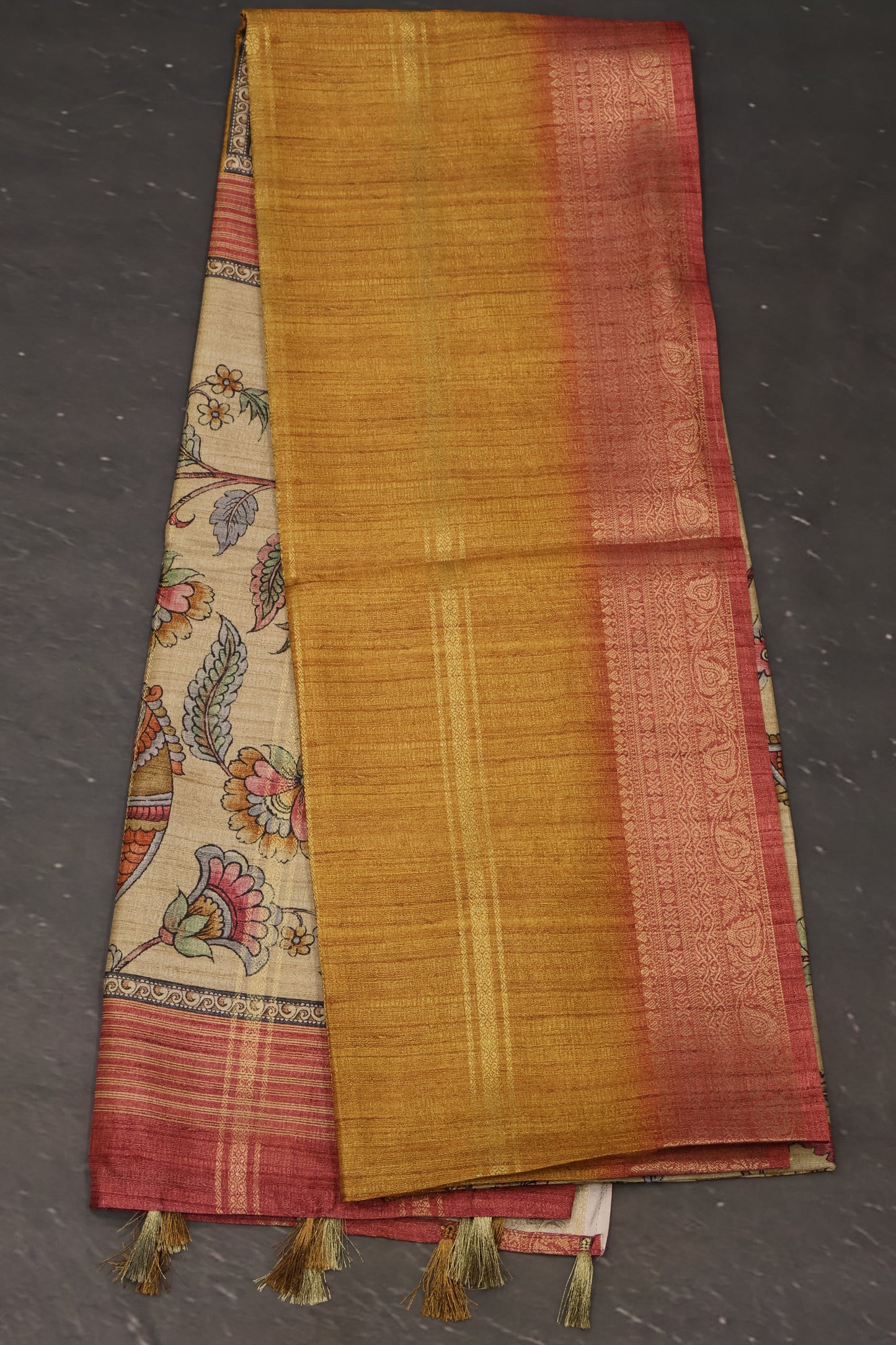 Semi Tussar Saree Kalamkari Print-Mustard