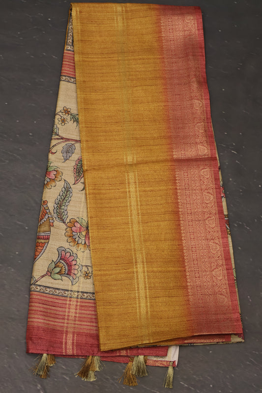 Semi Tussar Saree Kalamkari Print-Mustard