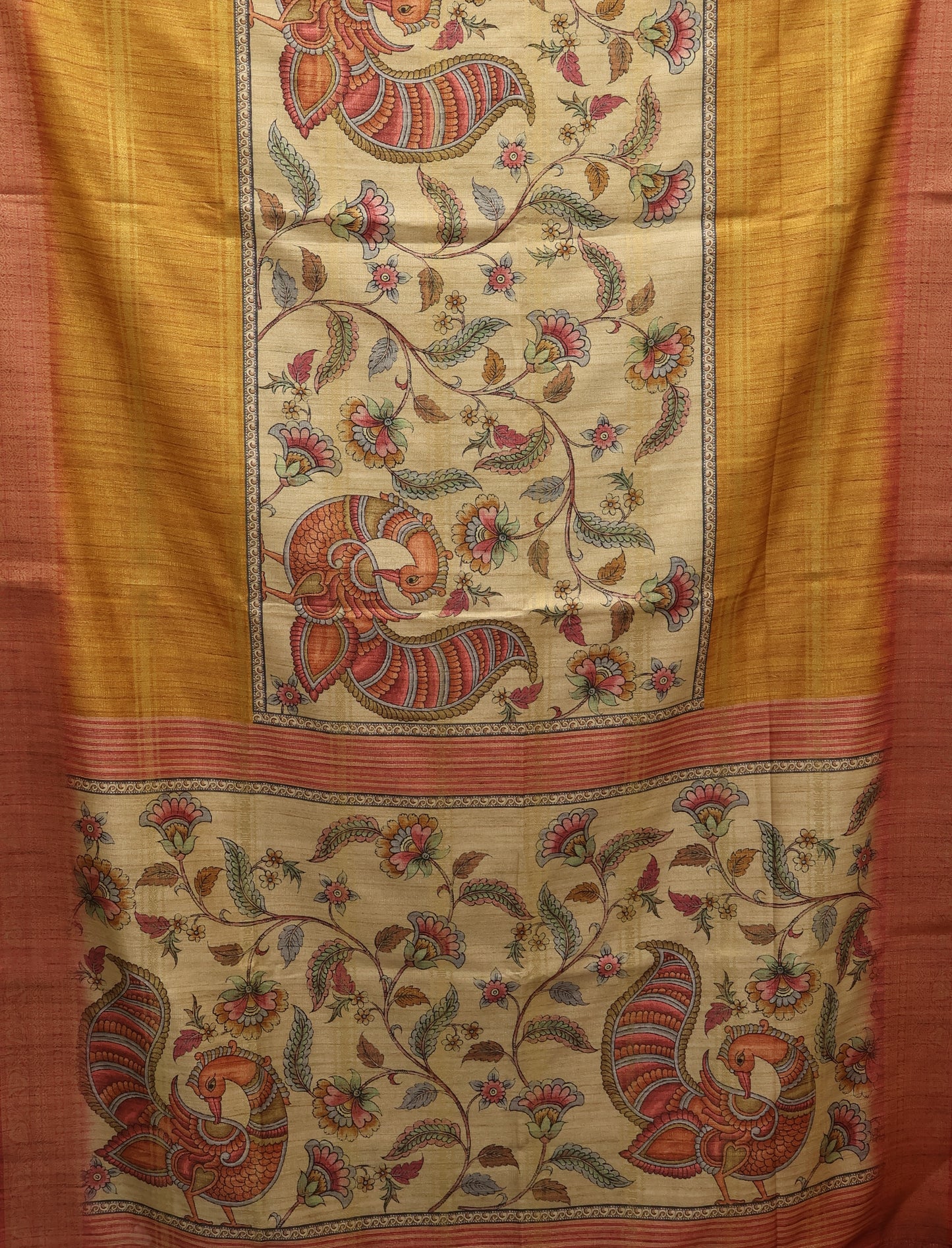 Semi Tussar Saree Kalamkari Print-Mustard