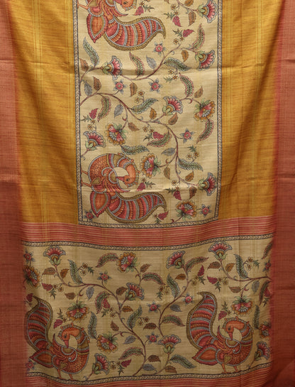 Semi Tussar Saree Kalamkari Print-Mustard