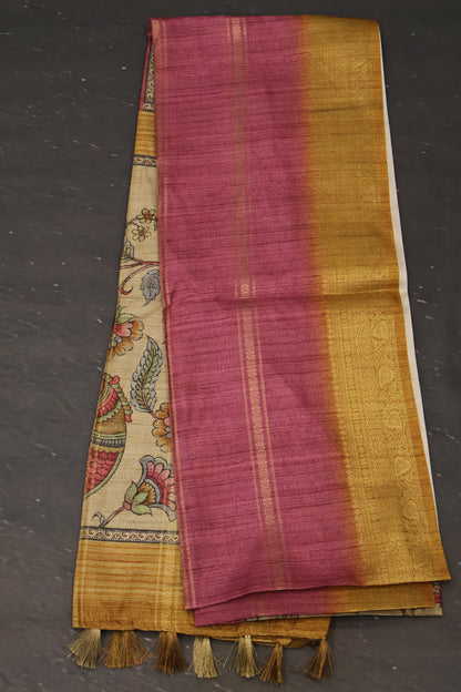 Semi Tussar Saree Kalamkari Print-Purple