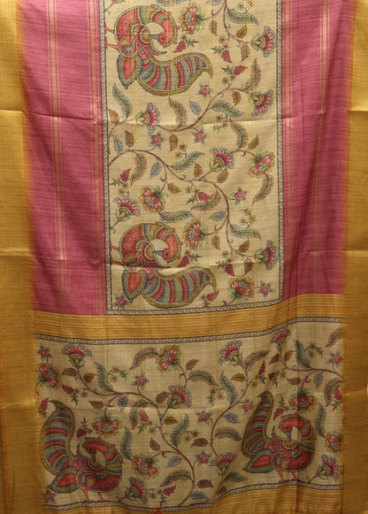 Semi Tussar Saree Kalamkari Print-Purple