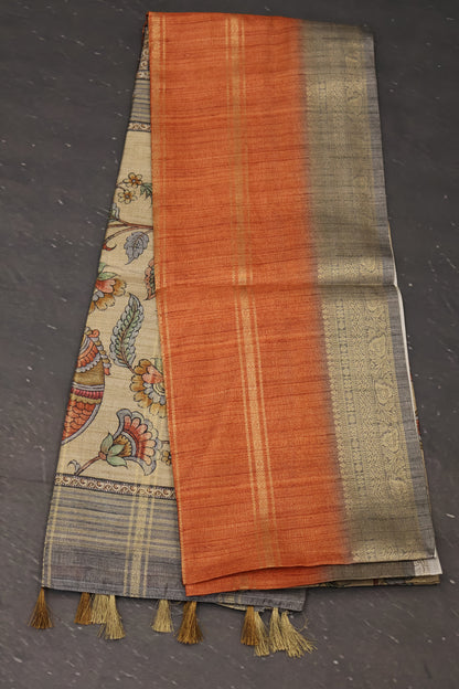 Semi Tussar Saree Kalamkari Print-Orange