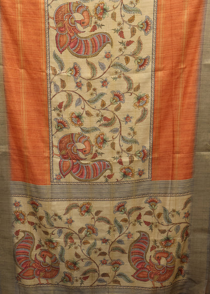 Semi Tussar Saree Kalamkari Print-Orange