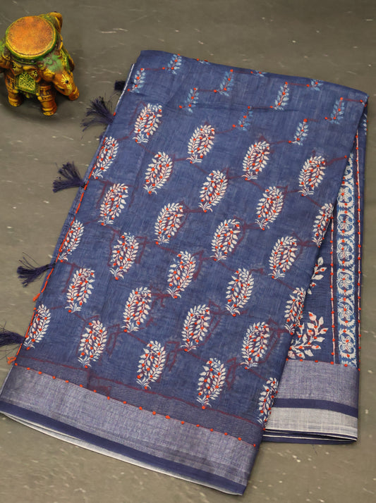 Semi Linen - Blue Leafy French Knot